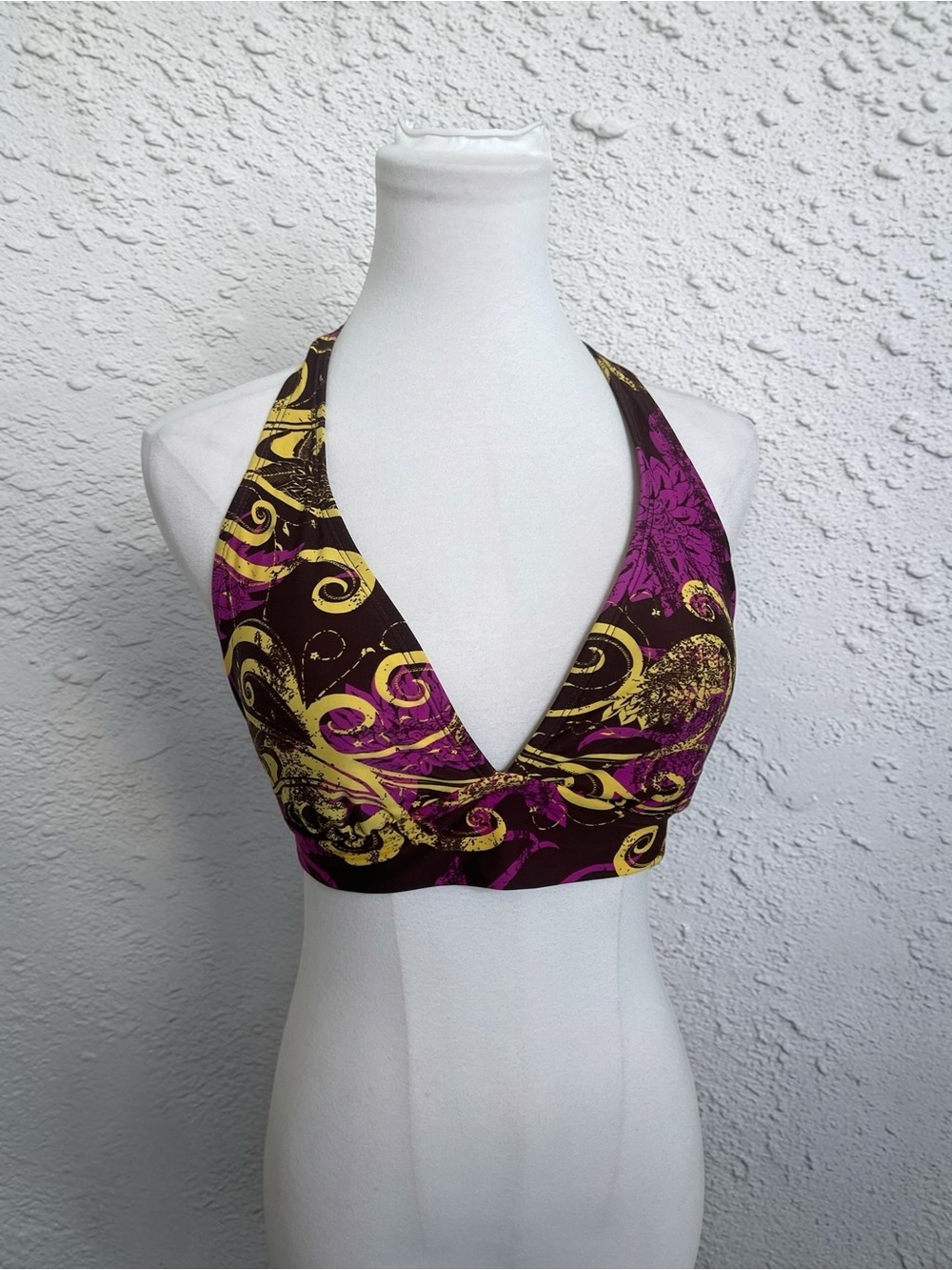 Y2K Abstract Print Halter Bikini Top | Purple Brown Boho Swim Top M/L